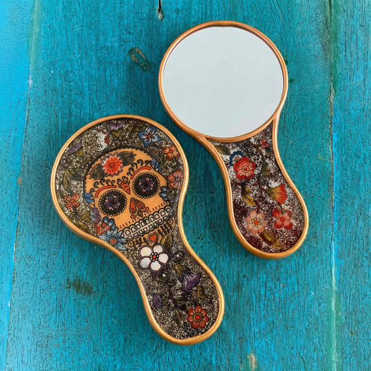 Bone Flower Skull Hand Mirror | Day of the Dead Reverse Glass Mirror, Made in Peru