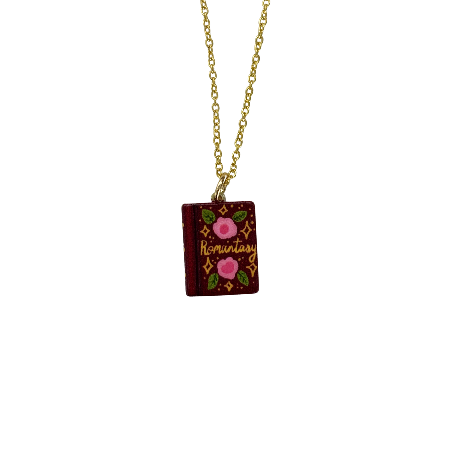 Book Lover Charm Necklace | Handpainted Mini Book | 20" Gold Chain | Romantasy, Spicy, or Cryptid Guide