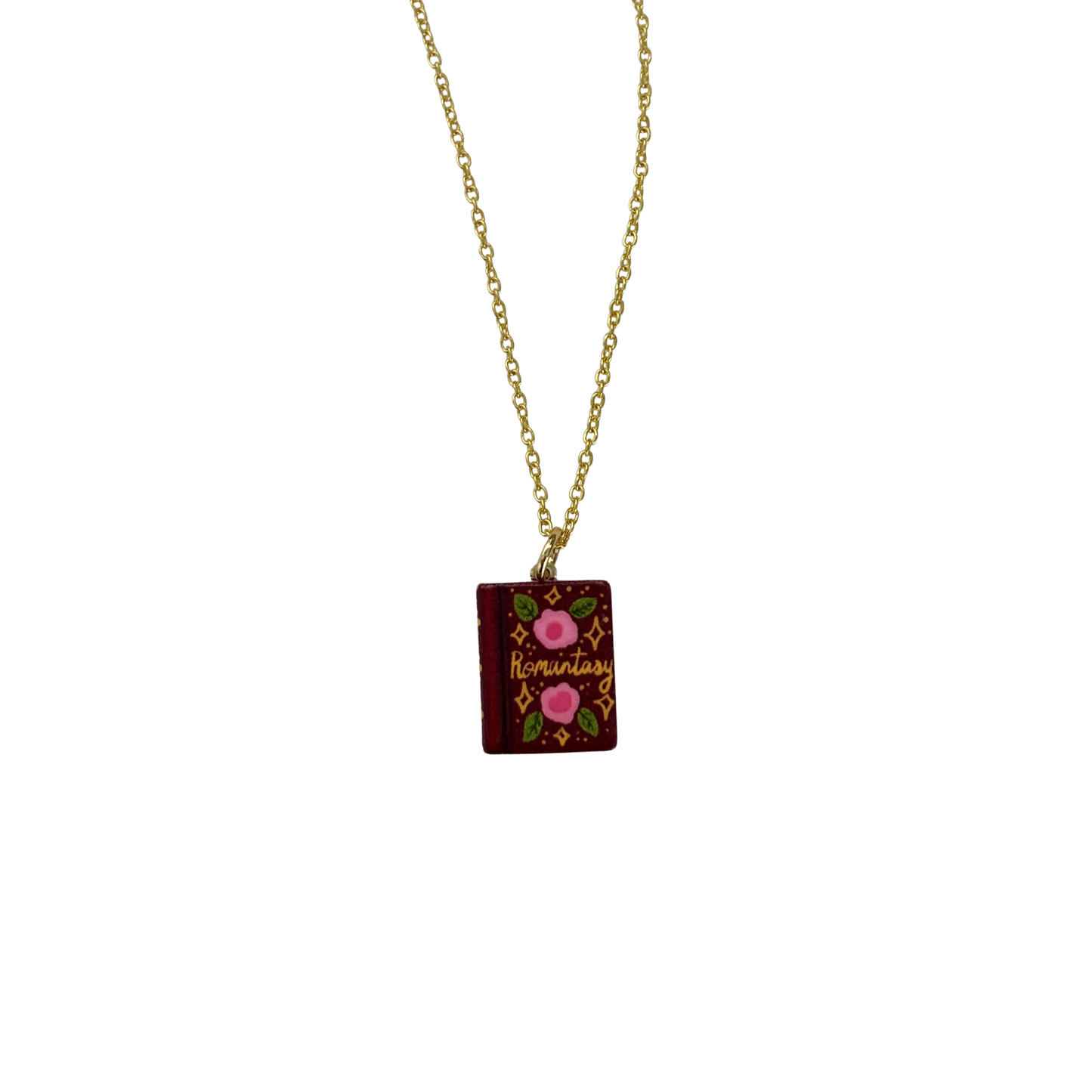 Book Lover Charm Necklace | Handpainted Mini Book | 20" Gold Chain | Romantasy, Spicy, or Cryptid Guide