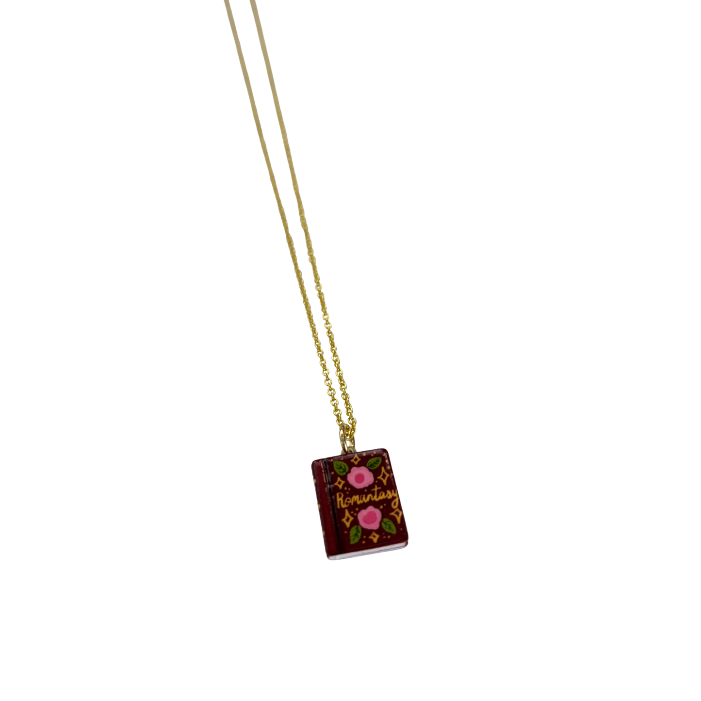 Book Lover Charm Necklace | Handpainted Mini Book | 20" Gold Chain | Romantasy, Spicy, or Cryptid Guide