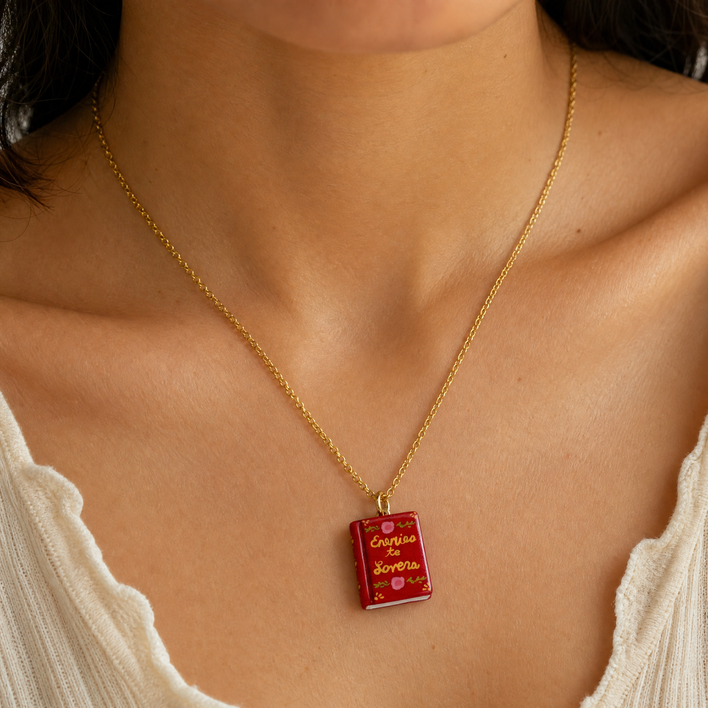 Book Lover Charm Necklace | Handpainted Mini Book | 20" Gold Chain | Romantasy, Spicy, or Cryptid Guide