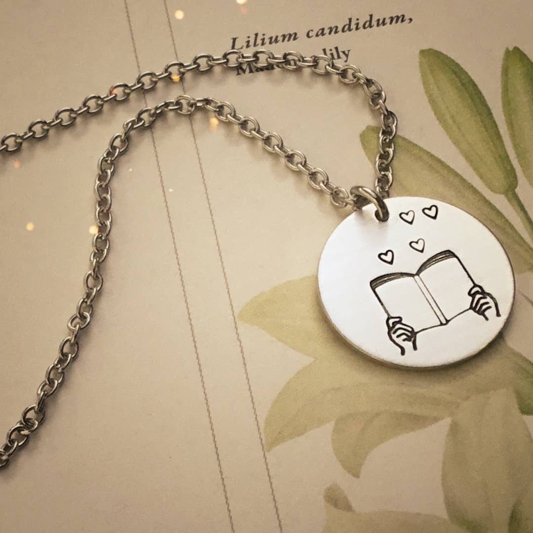 Book With Hearts Handemade Necklace | Circular Stamped Pendant Necklace in Silver