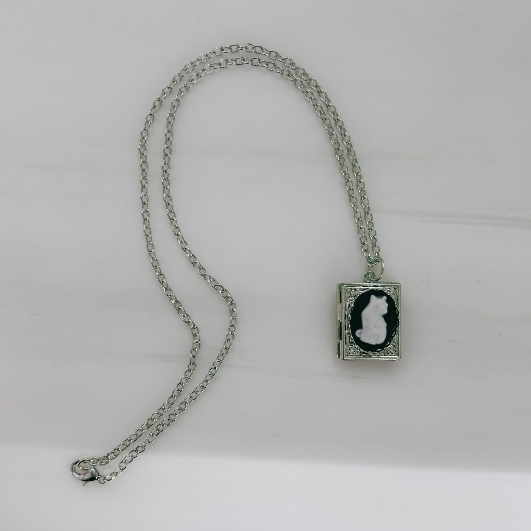 Bookish Cat Locket Necklace | White Cat on Gothic Book-Shaped Locket | Silver Chain
