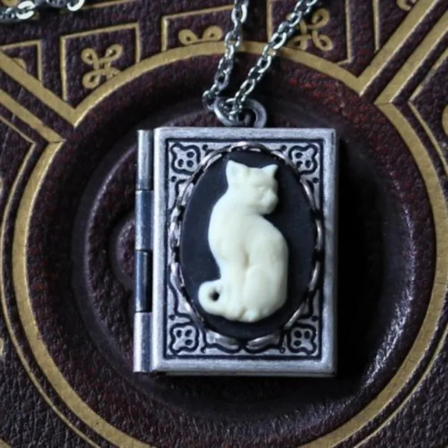 Bookish Cat Locket Necklace | White Cat on Gothic Book-Shaped Locket | Silver Chain