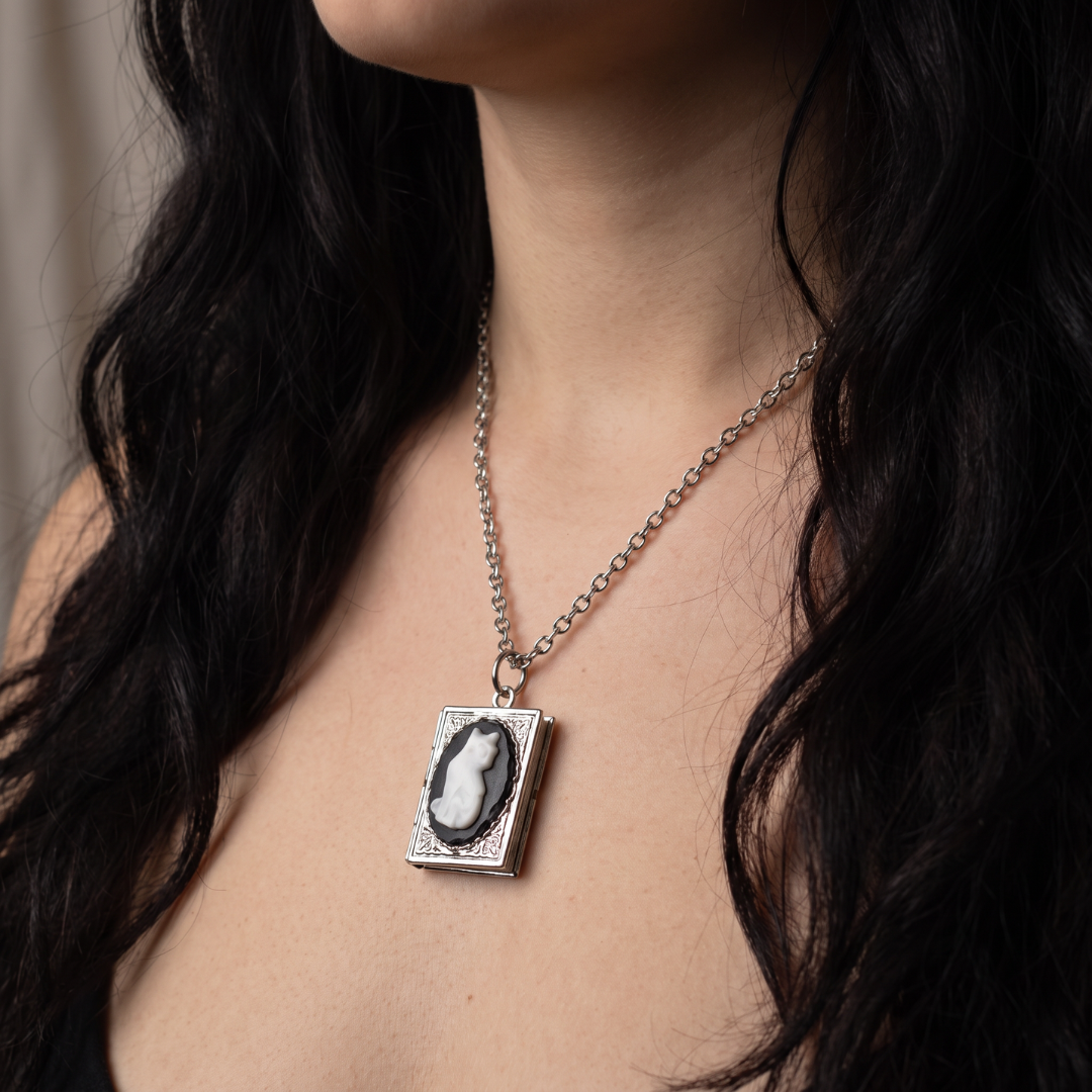 Bookish Cat Locket Necklace | White Cat on Gothic Book-Shaped Locket | Silver Chain