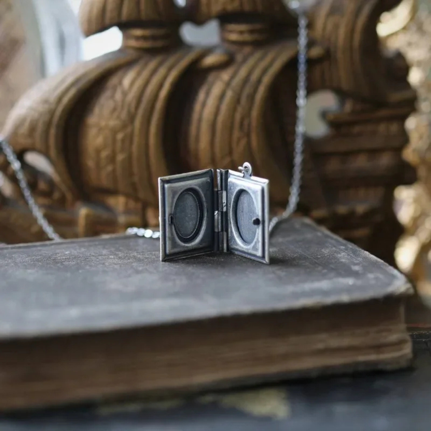 Bookish Cat Locket Necklace | White Cat on Gothic Book-Shaped Locket | Silver Chain
