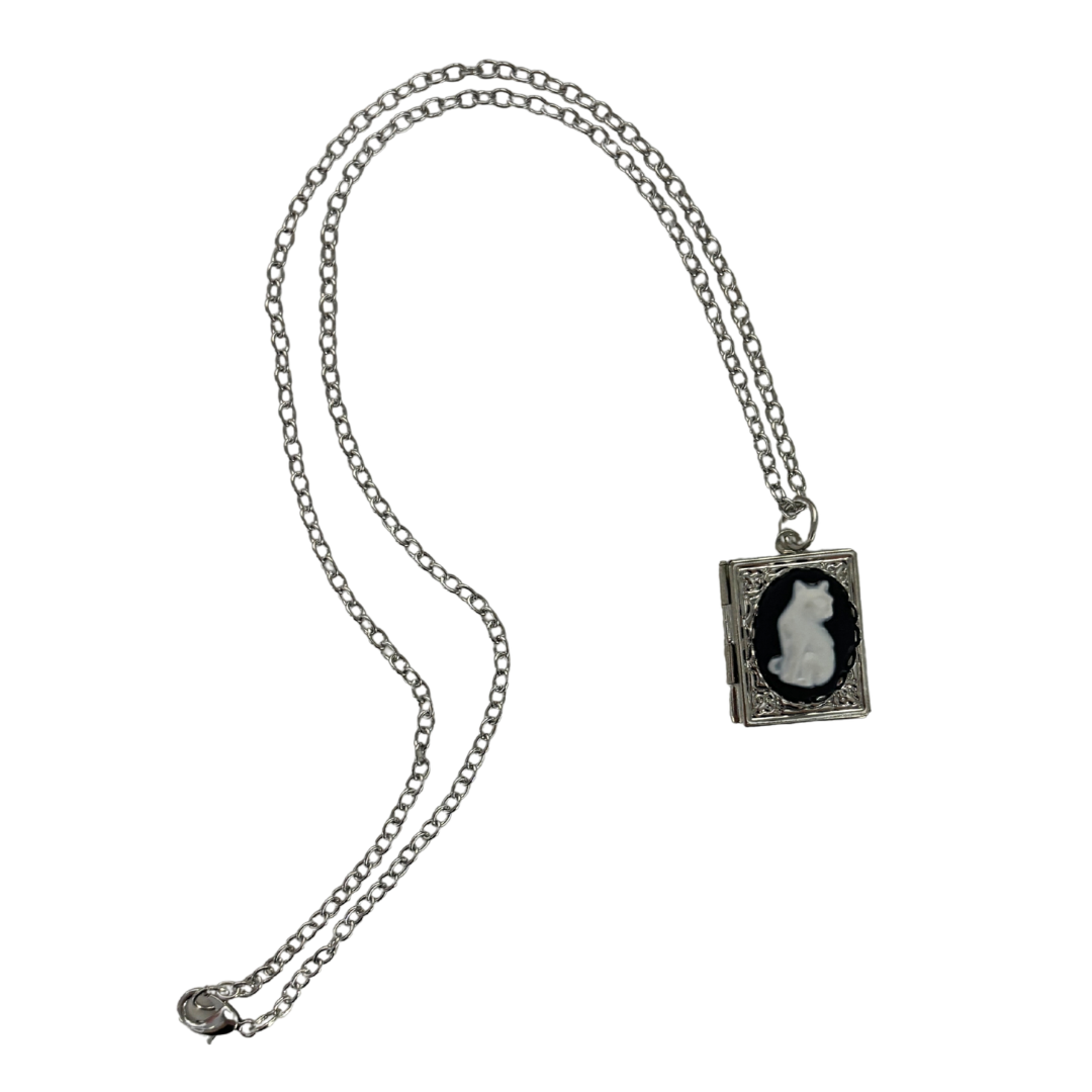 Bookish Cat Locket Necklace | White Cat on Gothic Book-Shaped Locket | Silver Chain