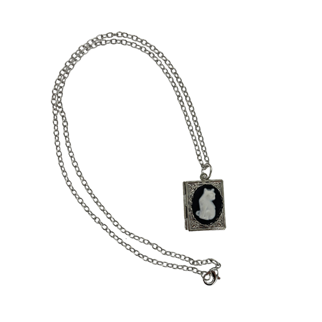 Bookish Cat Locket Necklace | White Cat on Gothic Book-Shaped Locket | Silver Chain