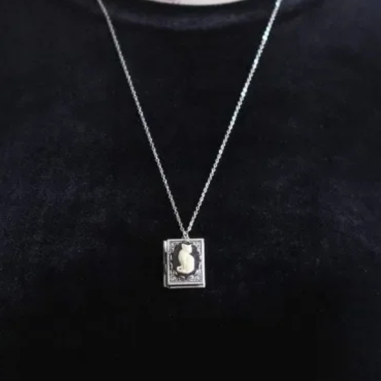 Bookish Cat Locket Necklace | White Cat on Gothic Book-Shaped Locket | Silver Chain