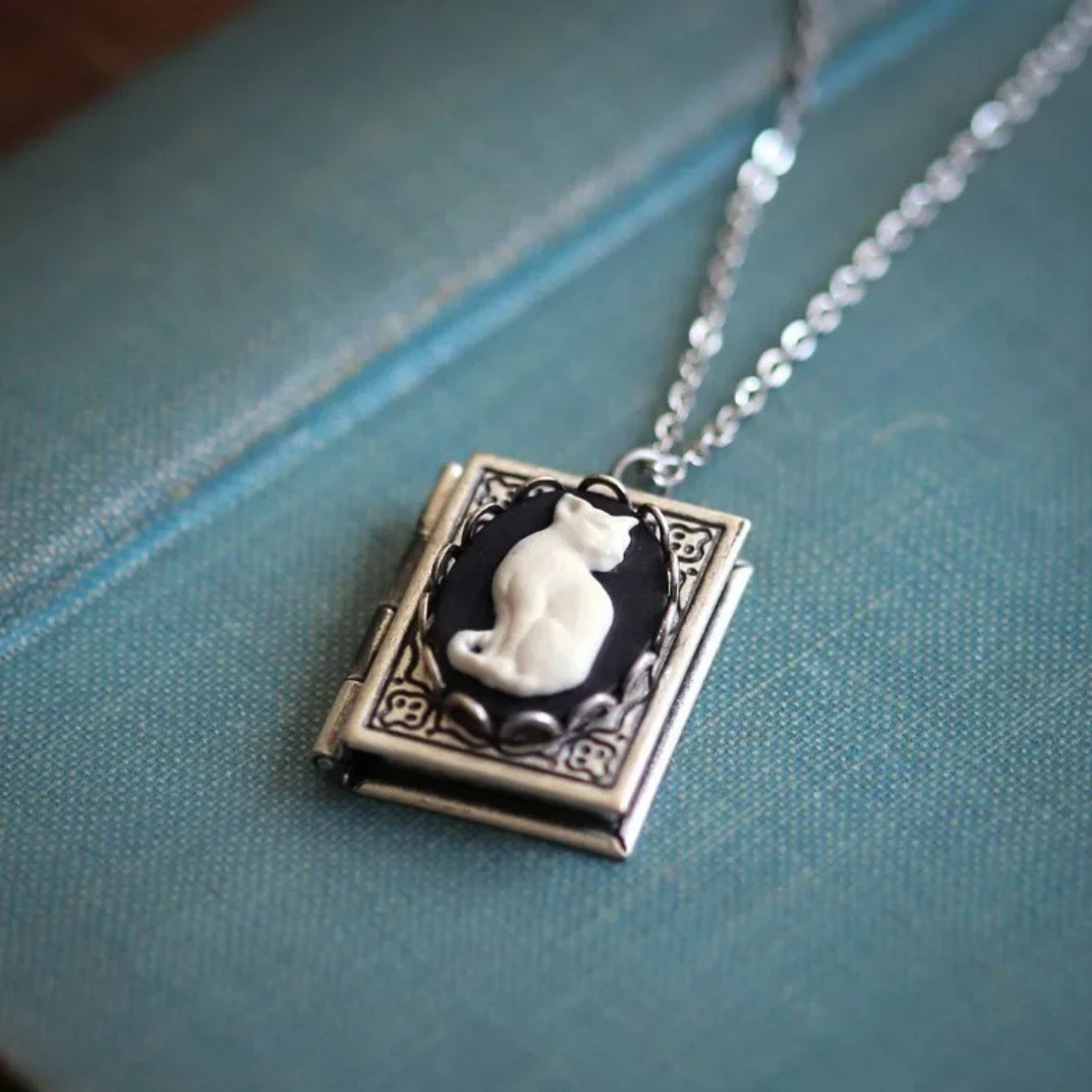 Bookish Cat Locket Necklace | White Cat on Gothic Book-Shaped Locket | Silver Chain