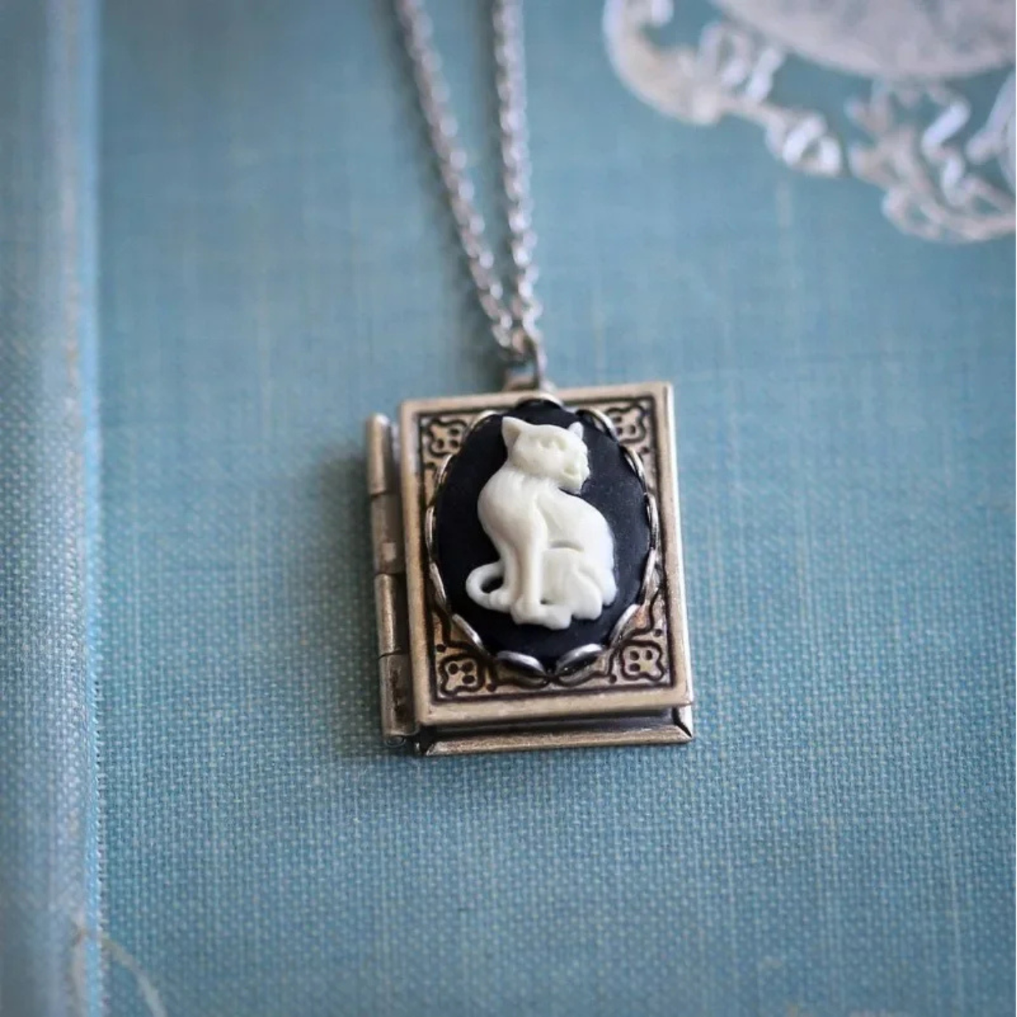 Bookish Cat Locket Necklace | White Cat on Gothic Book-Shaped Locket | Silver Chain