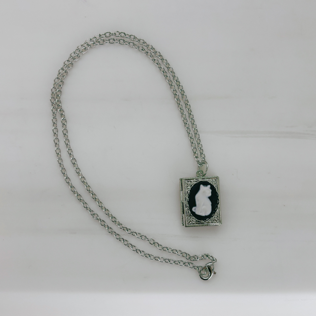 Bookish Cat Locket Necklace | White Cat on Gothic Book-Shaped Locket | Silver Chain