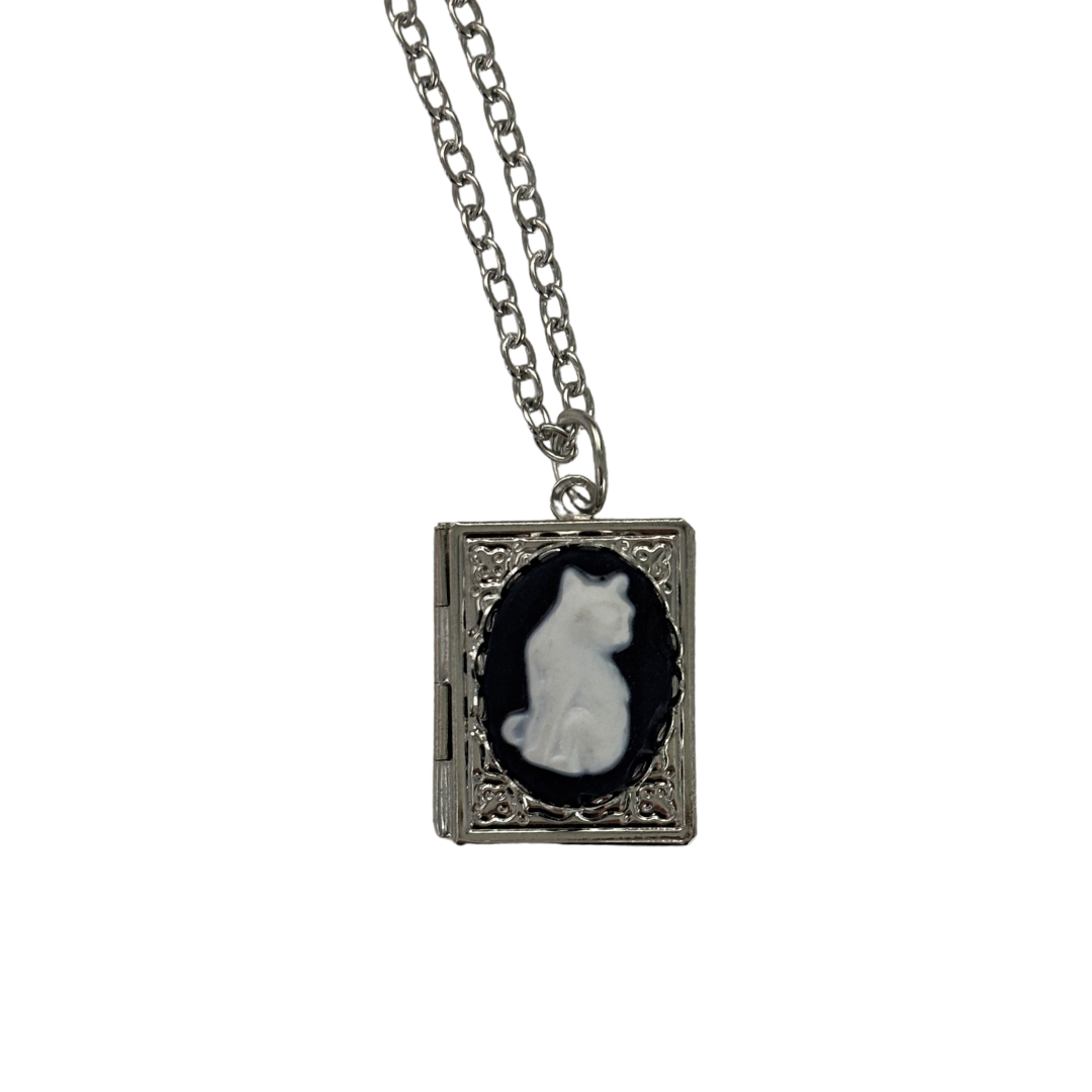 Bookish Cat Locket Necklace | White Cat on Gothic Book-Shaped Locket | Silver Chain