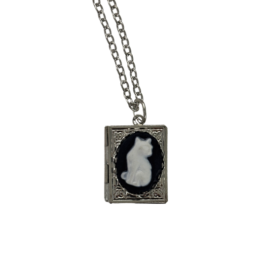 Bookish Cat Locket Necklace | White Cat on Gothic Book-Shaped Locket | Silver Chain-Paper & Quartz-The Bullish Store