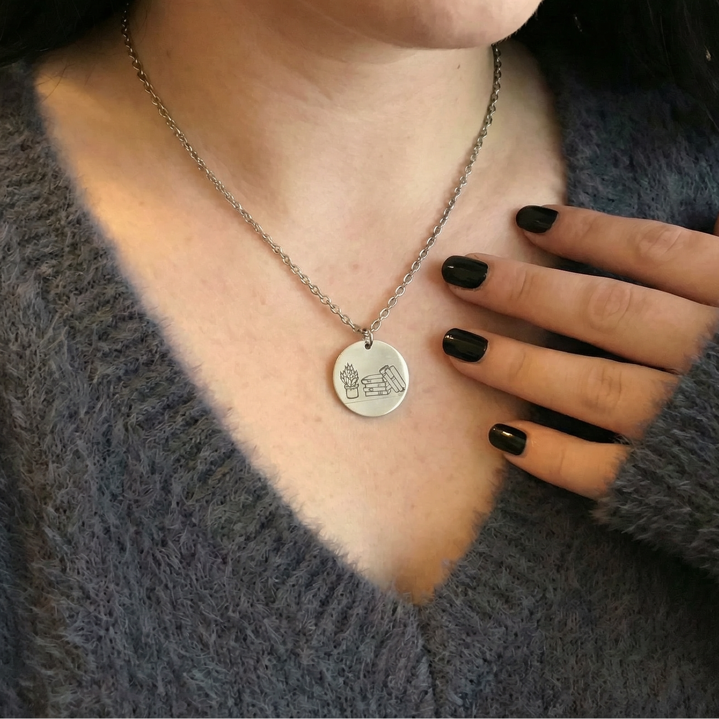 Books & Plants Handmade Necklace | Stack of Books with Plant Circular Stamped Pendant Necklace in Silver