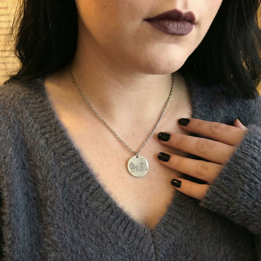 Books & Plants Handmade Necklace | Stack of Books with Plant Circular Stamped Pendant Necklace in Silver