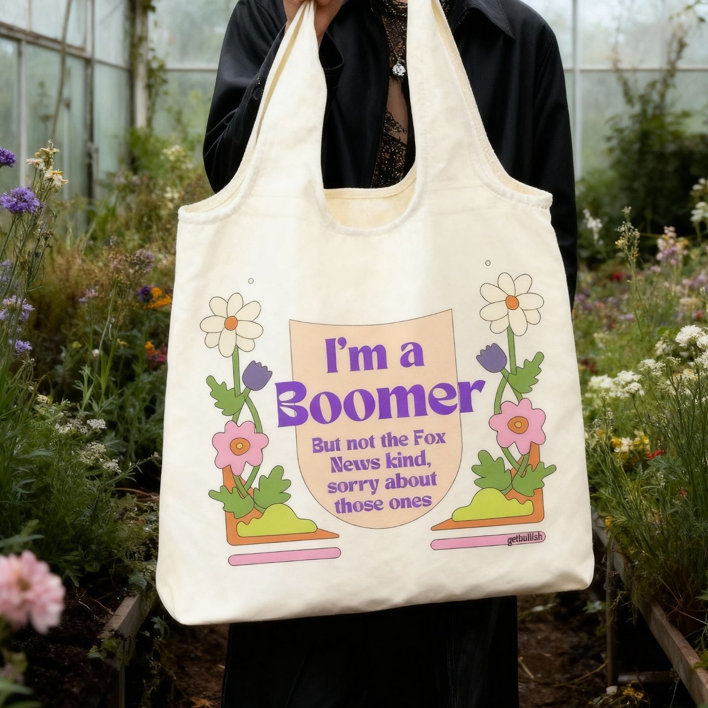 Boomer But Not the Fox News Kind Tote Bag and Magnet Bundle | Canvas Tote and Glossy Refrigerator Magnet