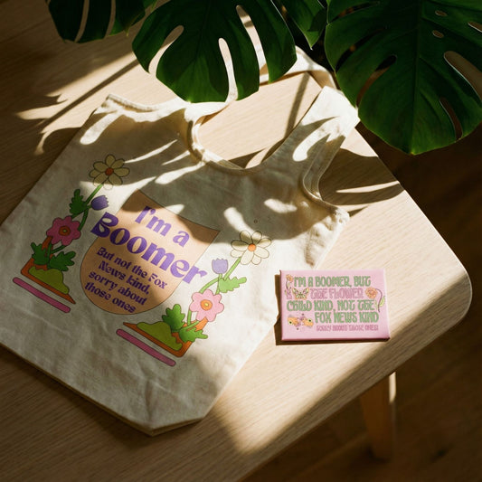 Boomer But Not the Fox News Kind Tote Bag and Magnet Bundle | Canvas Tote and Glossy Refrigerator Magnet