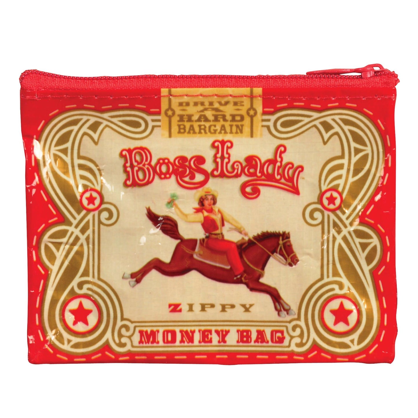 Red and beige money bag with 'Boss Lady' design featuring a woman on a horse.