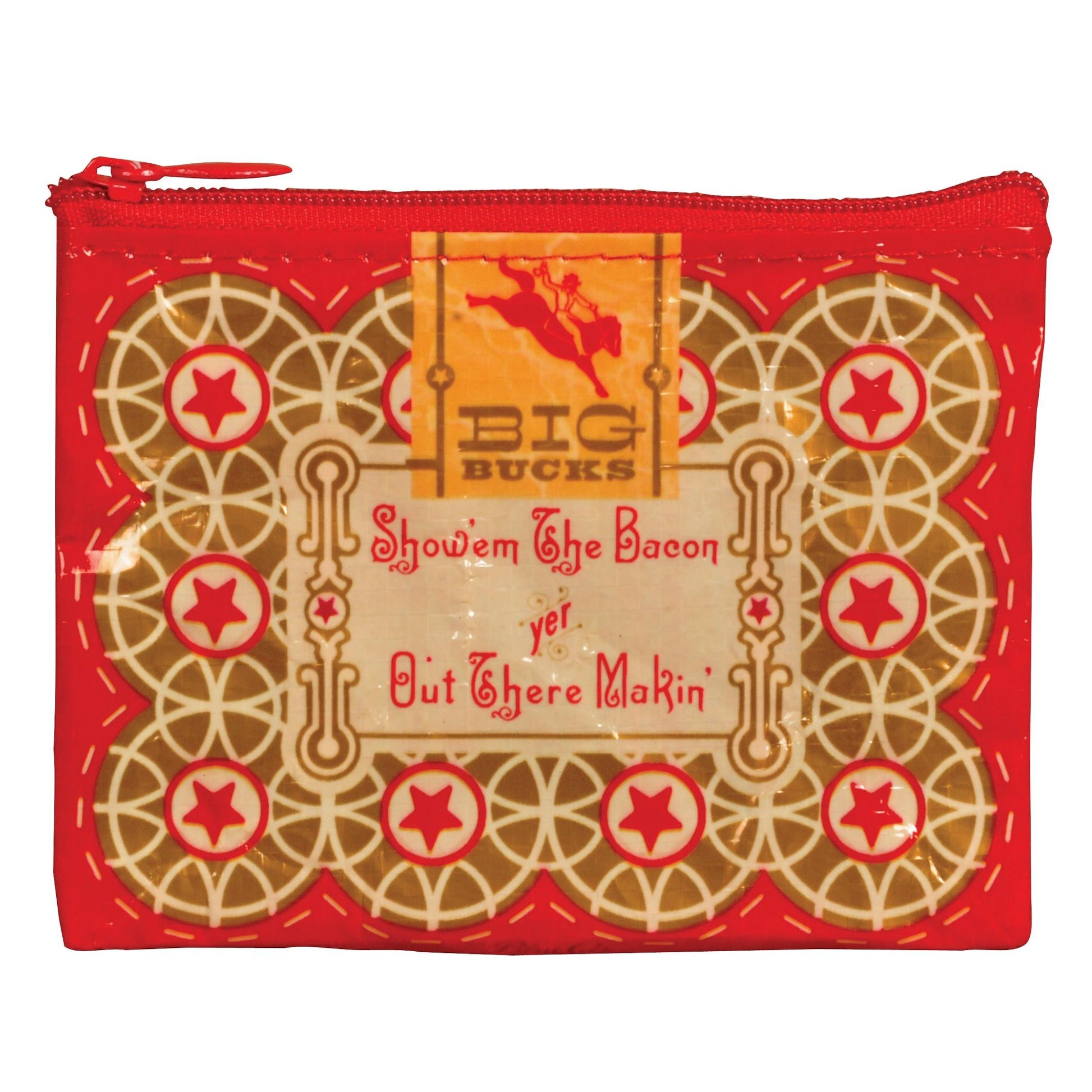 Red pouch with vintage-style design and text on a white background