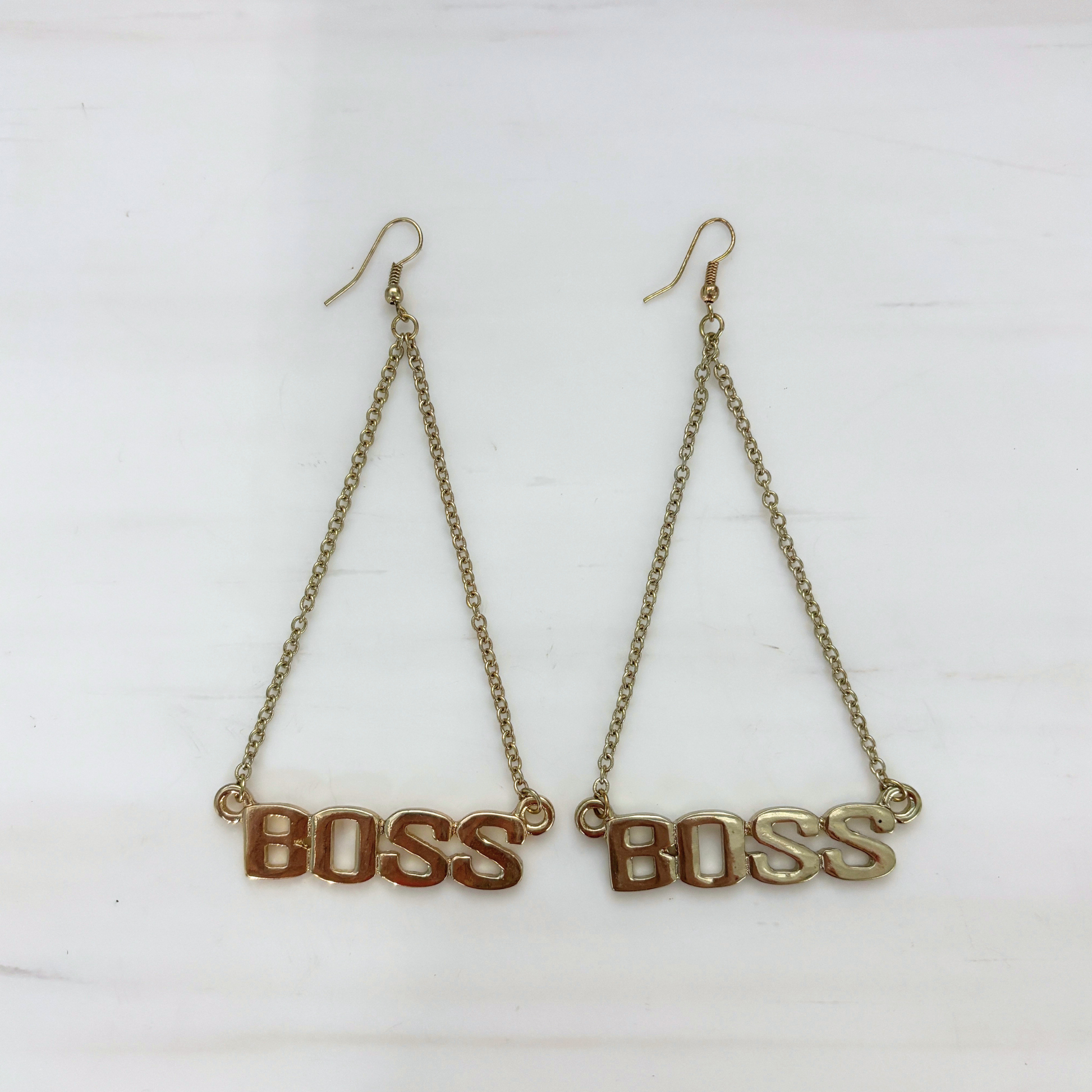 Boss Lady Dangle Statement Earrings in Gold | BOSS Lettering on Chains | 4.4" Ear Wire