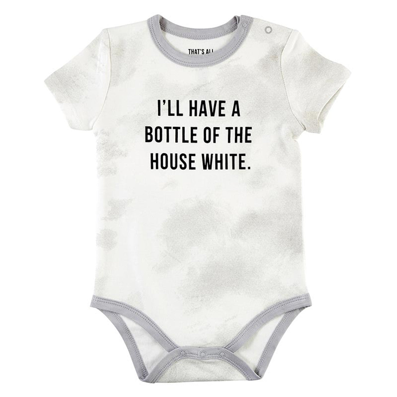 Bottle Of The House White Tie Dye Grey Cotton Snapshirt | Unisex Baby Short Sleeve One-piece Body Suit | Size 6-12 months