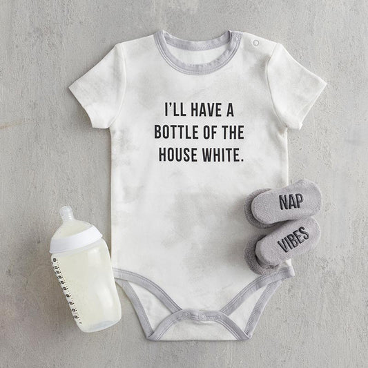 Bottle Of The House White Tie Dye Grey Cotton Snapshirt | Unisex Baby Short Sleeve One-piece Body Suit | Size 6-12 months