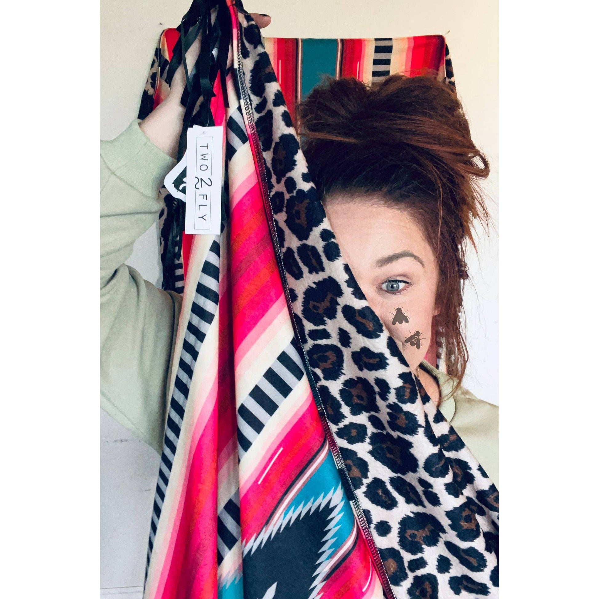 Boujee Babe Reversible Small Blanket | Aztec + Leopard Print Designs with Fringe | 43" x 29"