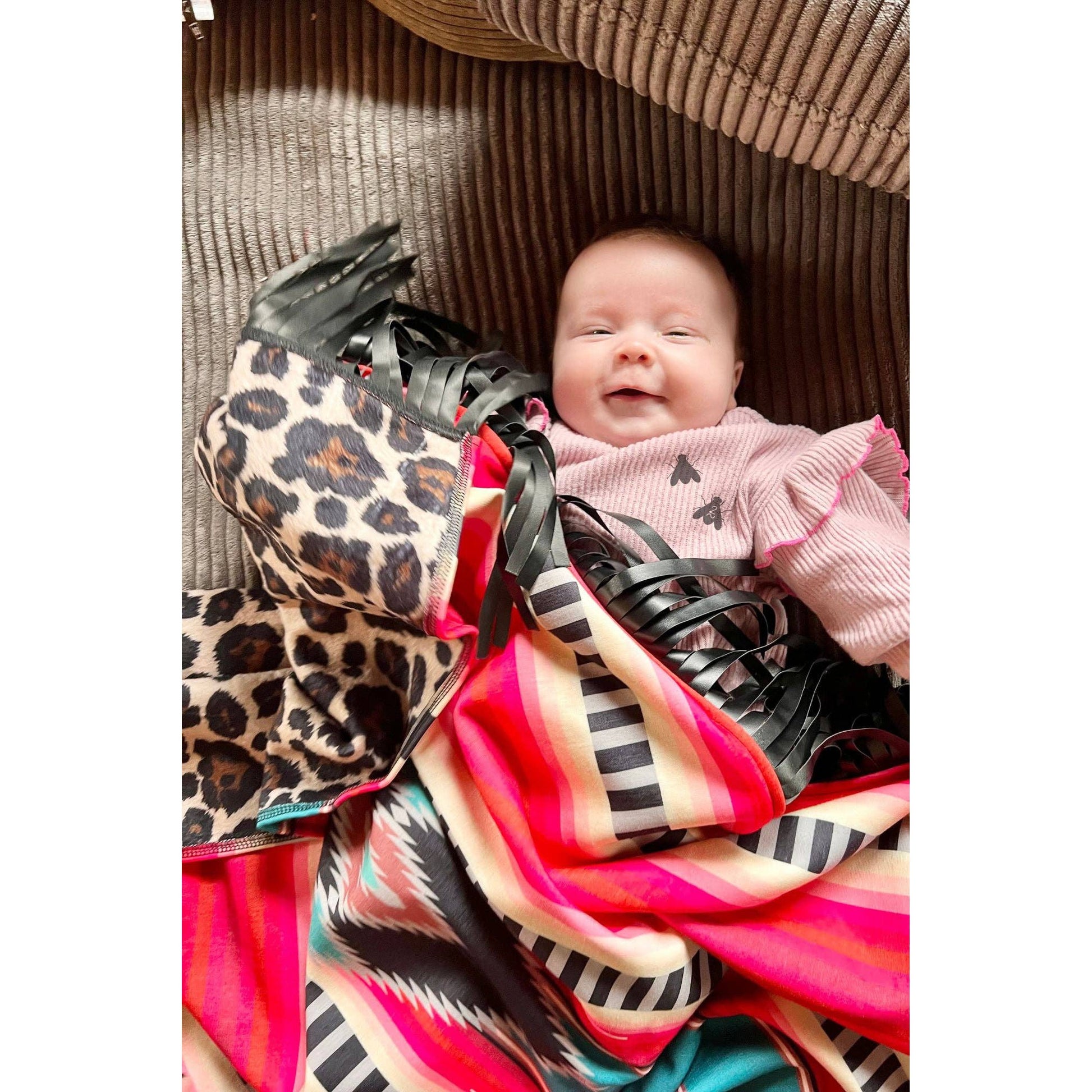 Boujee Babe Reversible Small Blanket | Aztec + Leopard Print Designs with Fringe | 43" x 29"