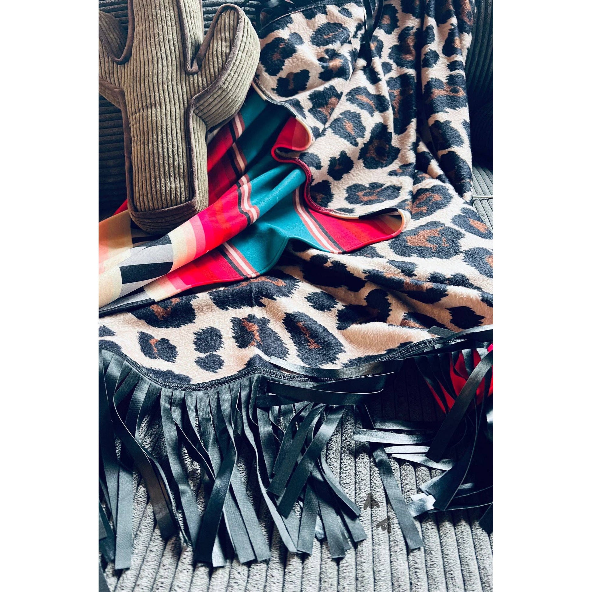 Boujee Babe Reversible Small Blanket | Aztec + Leopard Print Designs with Fringe | 43" x 29"