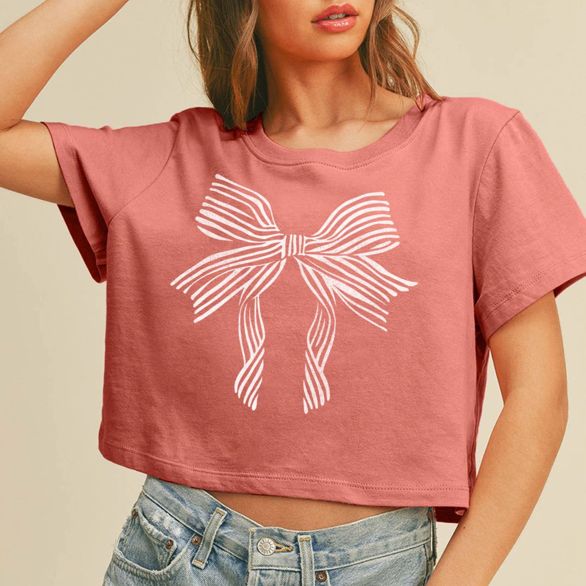 Bow Graphic Tee Printed Crop Top | Coquette Short T-Shirt in Vintage Rose [S-L]