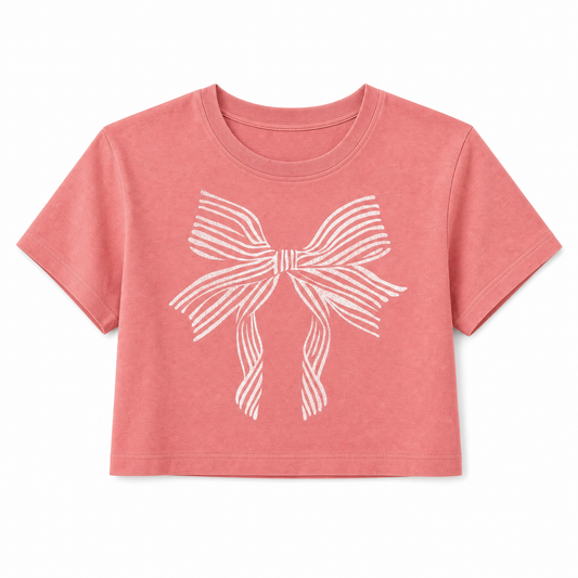 Bow Graphic Tee Printed Crop Top | Coquette Short T-Shirt in Vintage Rose [S-L]