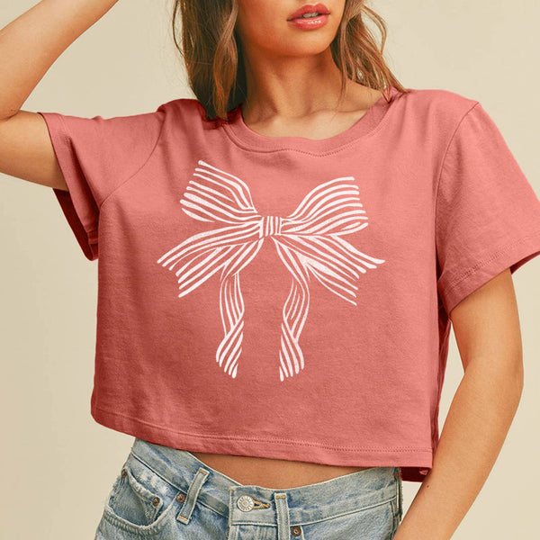 Bow Graphic Tee Printed Crop Top | Coquette Short T-Shirt in