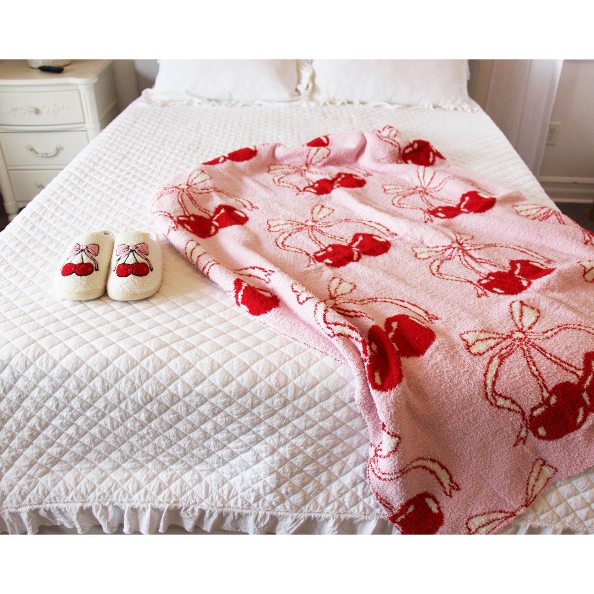 Bows & Cherries Cozy Reversible Blanket Cherry Blossom | Bow-Tastic Gianna 50" x 60"