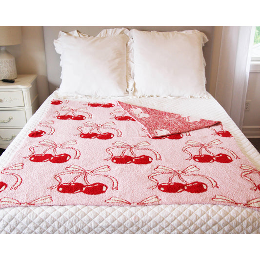 Bows & Cherries Cozy Reversible Blanket Cherry Blossom | Bow-Tastic Gianna 50" x 60"