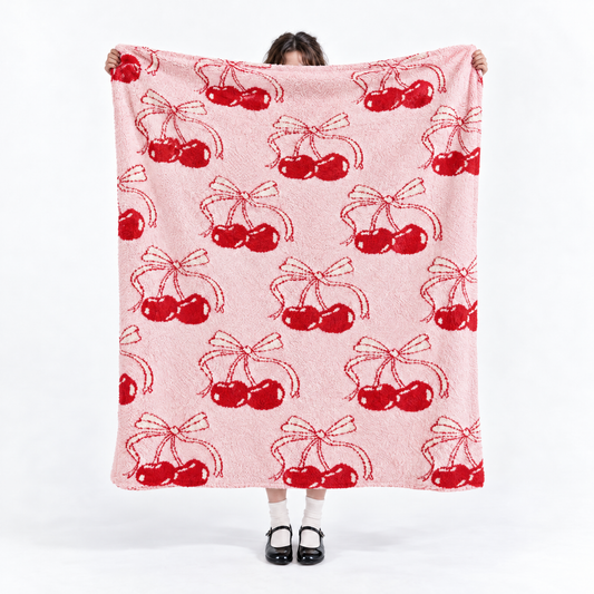 Bows & Cherries Cozy Reversible Blanket Cherry Blossom | Gift Throw | Bow-Tastic Gianna 50" x 60"-Lemonbella-The Bullish Store