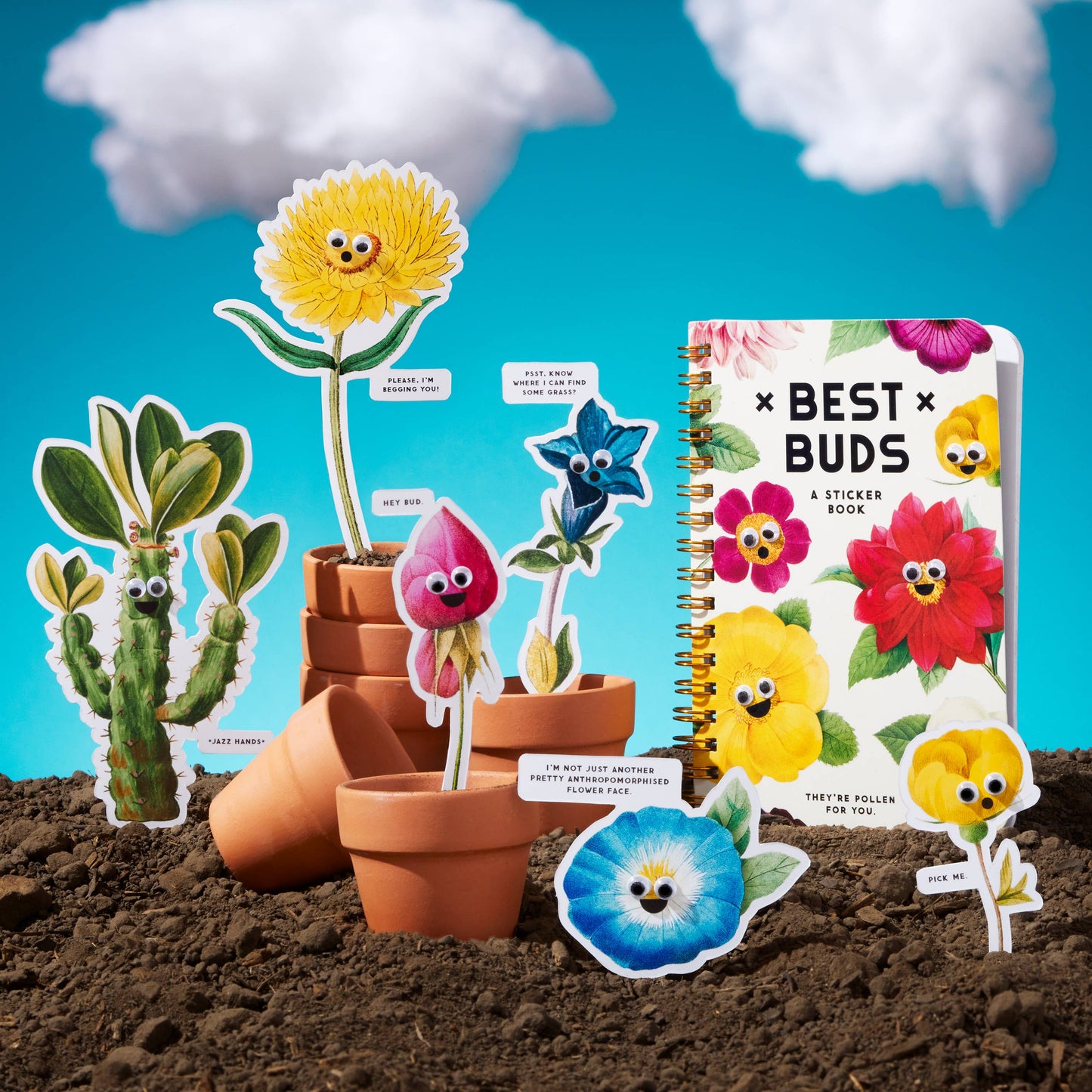 Brass Monkey Best Buds Googly Sticker Book | Vintage-inspired Artwork Googly-eyed Flower Decals