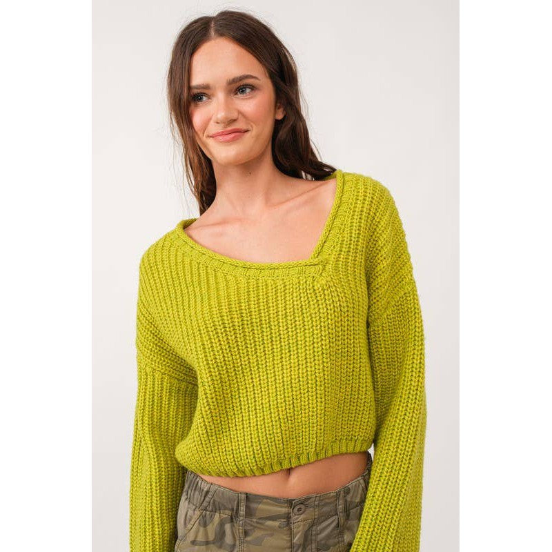 Brat Green Asymmetric Neckline Knit Crop Top Sweater [Available in SM and M]