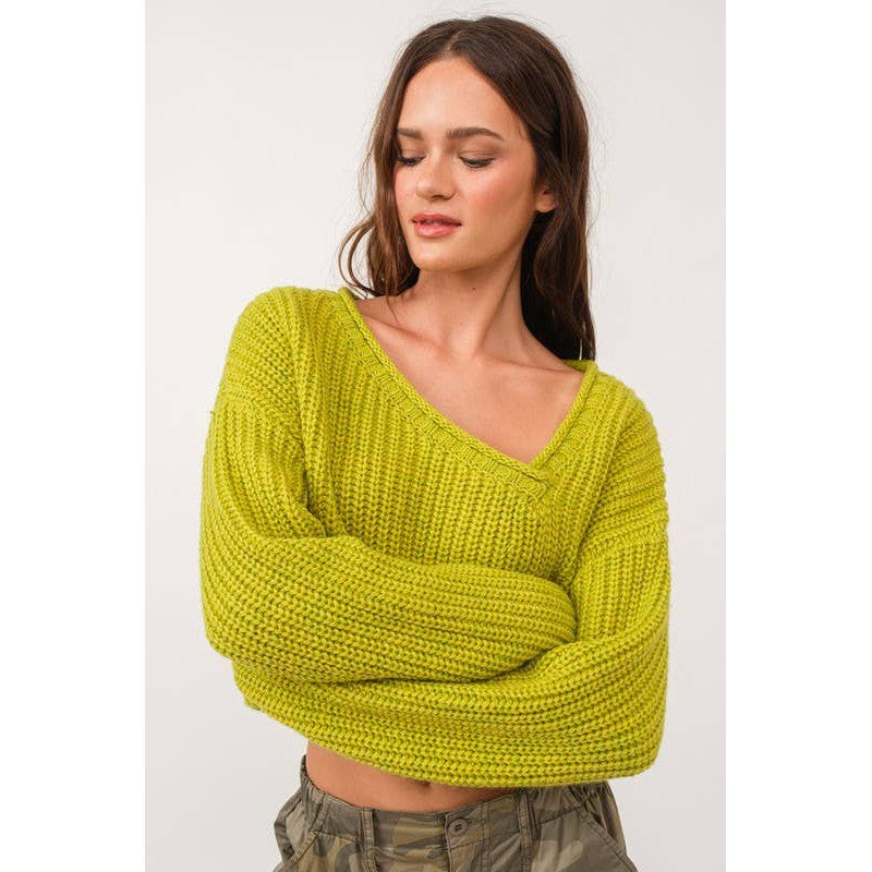 Brat Green Asymmetric Neckline Knit Crop Top Sweater [Available in SM and M]