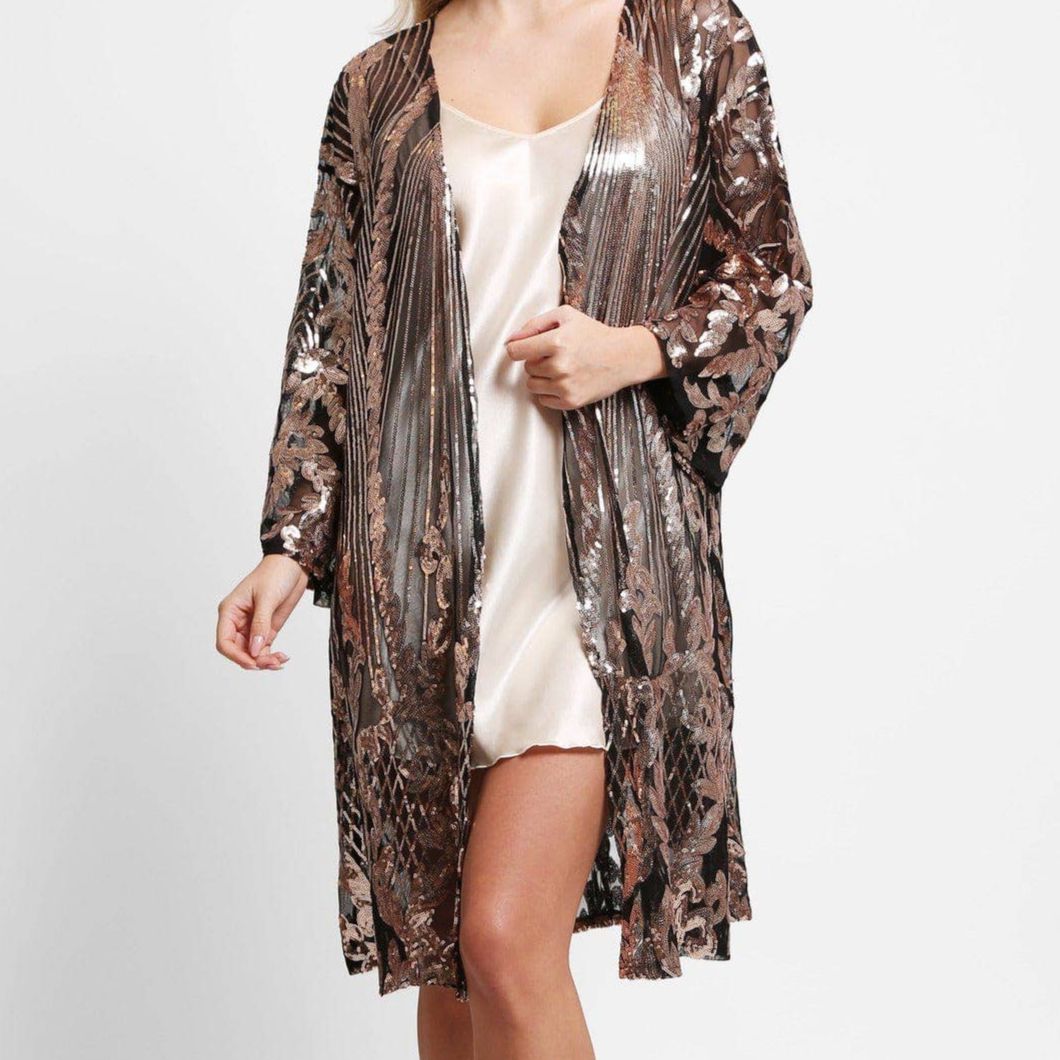 Brielle Sequin Kimono in Black | Sparkle Open Duster (One Size)