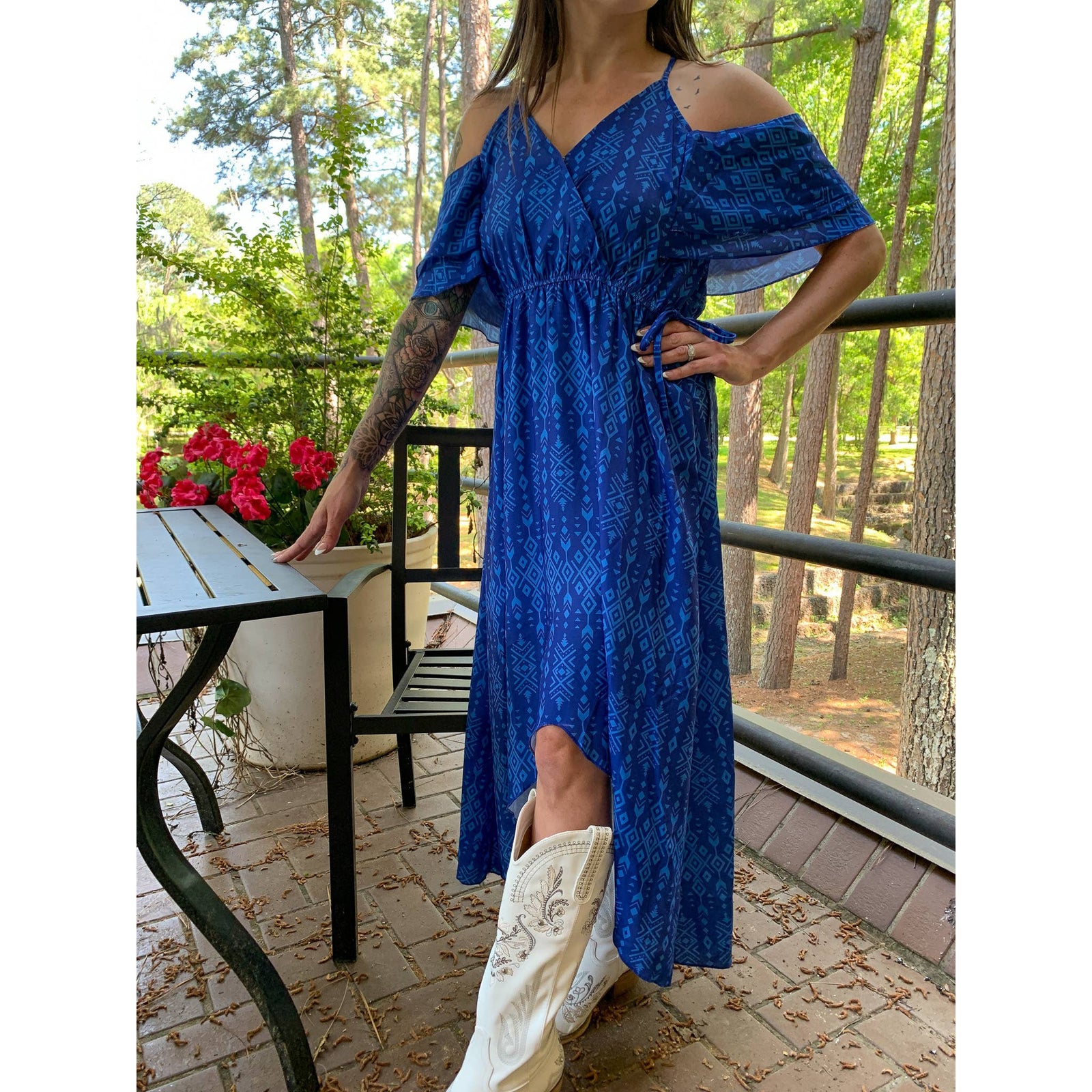 Broken Bow Cold Shoulder Maxi Dress in Blue Aztec