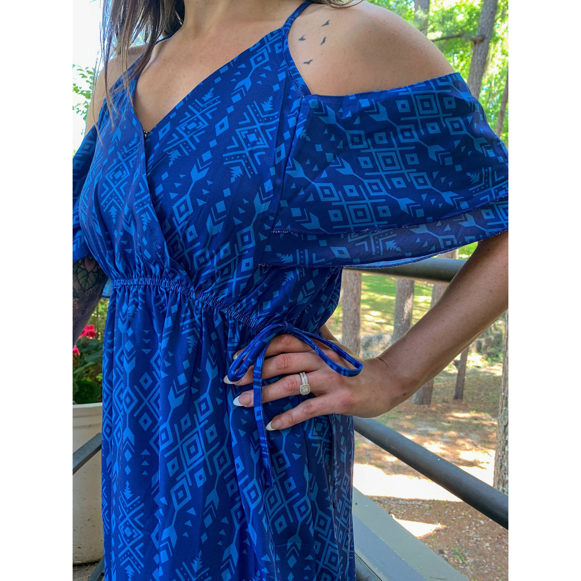 Broken Bow Cold Shoulder Maxi Dress in Blue Aztec