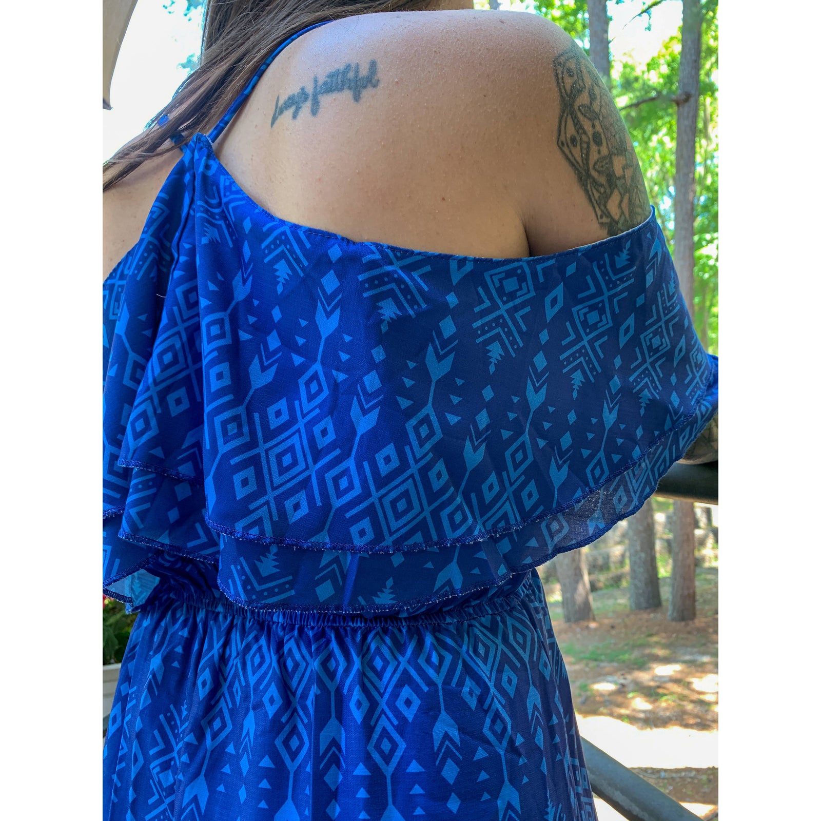 Broken Bow Cold Shoulder Maxi Dress in Blue Aztec