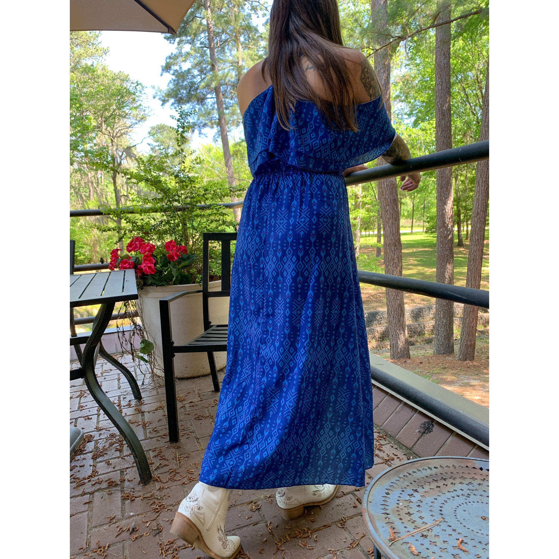 Broken Bow Cold Shoulder Maxi Dress in Blue Aztec