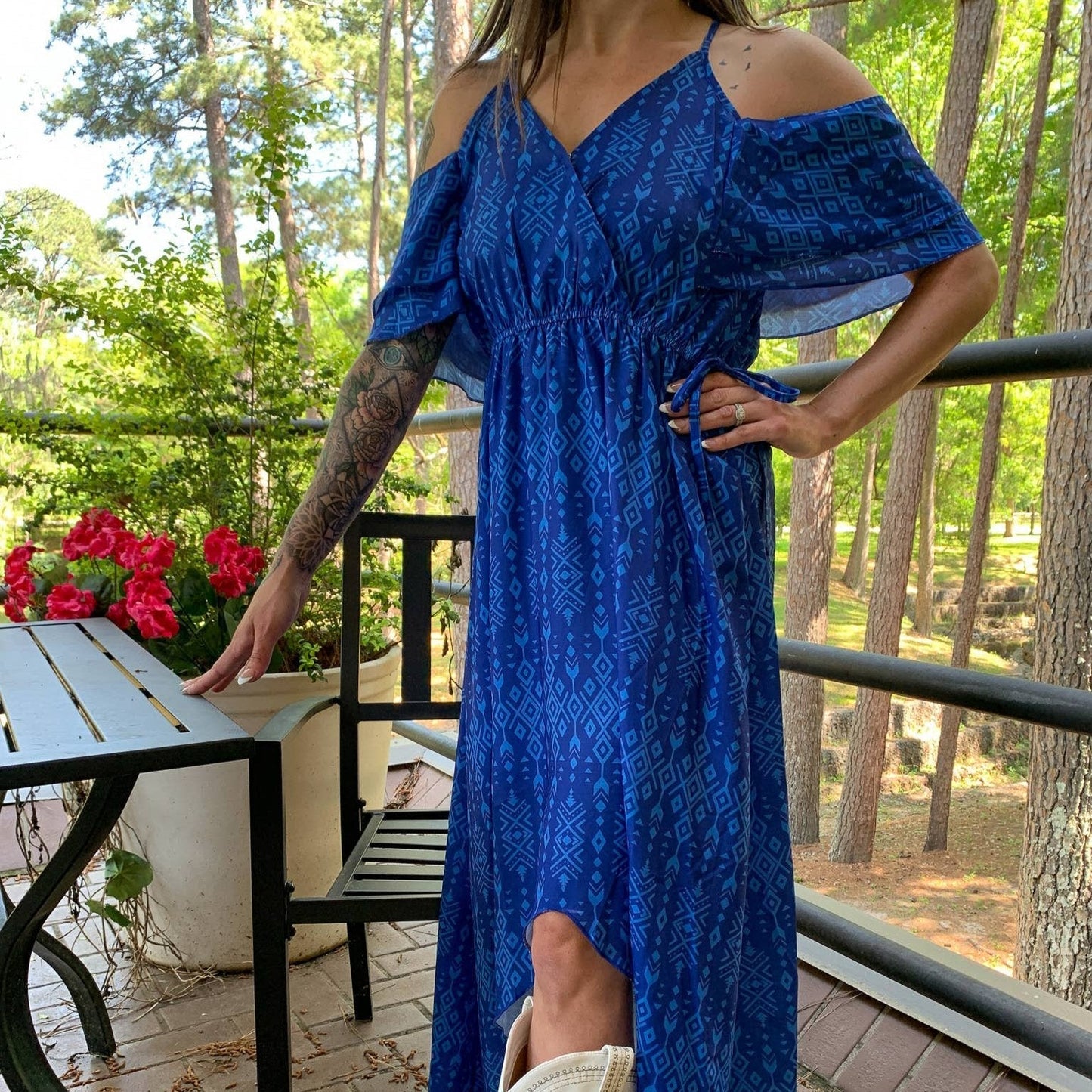 Broken Bow Cold Shoulder Maxi Dress in Blue Aztec