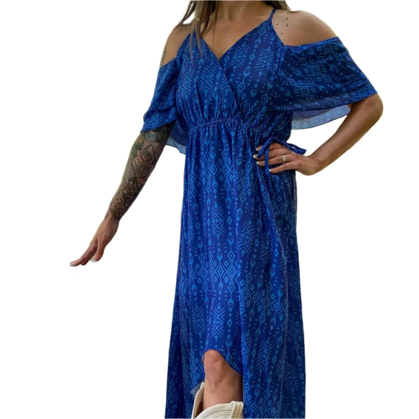 Broken Bow Cold Shoulder Maxi Dress in Blue Aztec