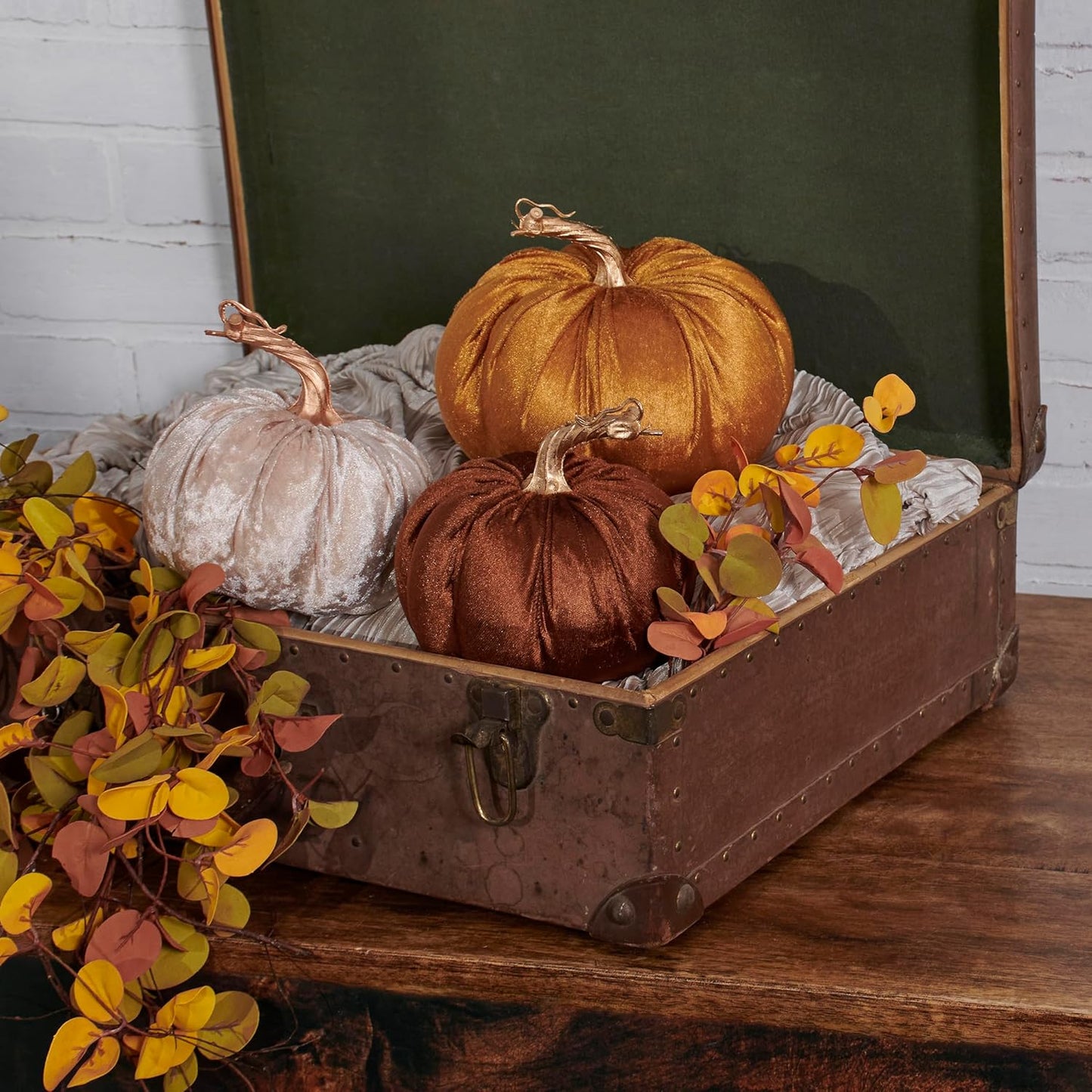 Brown Velvet Decorative Pumpkin | Dark Orange Fall Harvest Tabletop Décor with Gold Stem | 6”