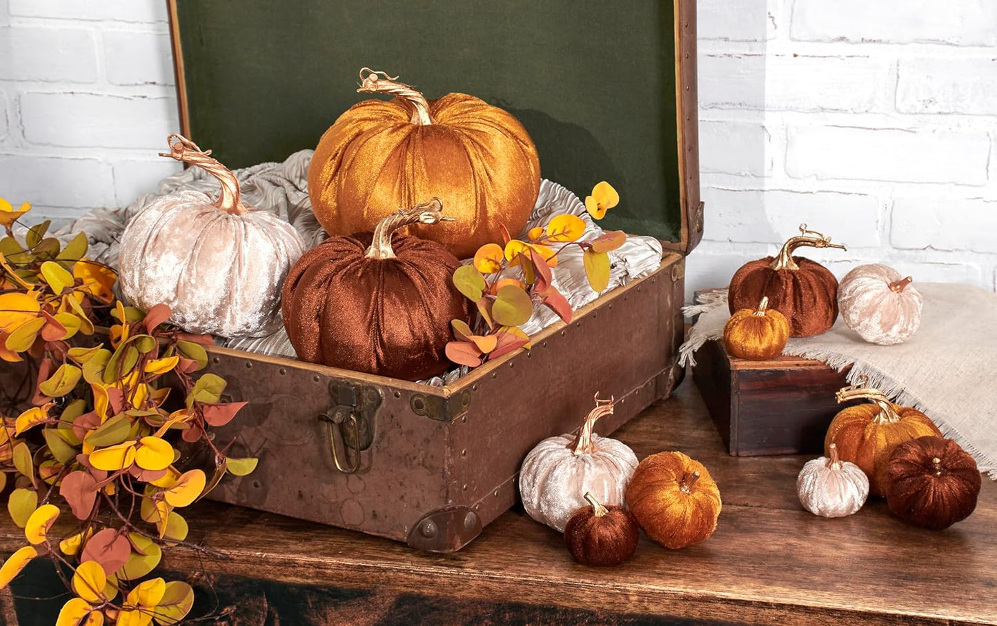 Brown Velvet Decorative Pumpkin | Dark Orange Fall Harvest Tabletop Décor with Gold Stem | 6”