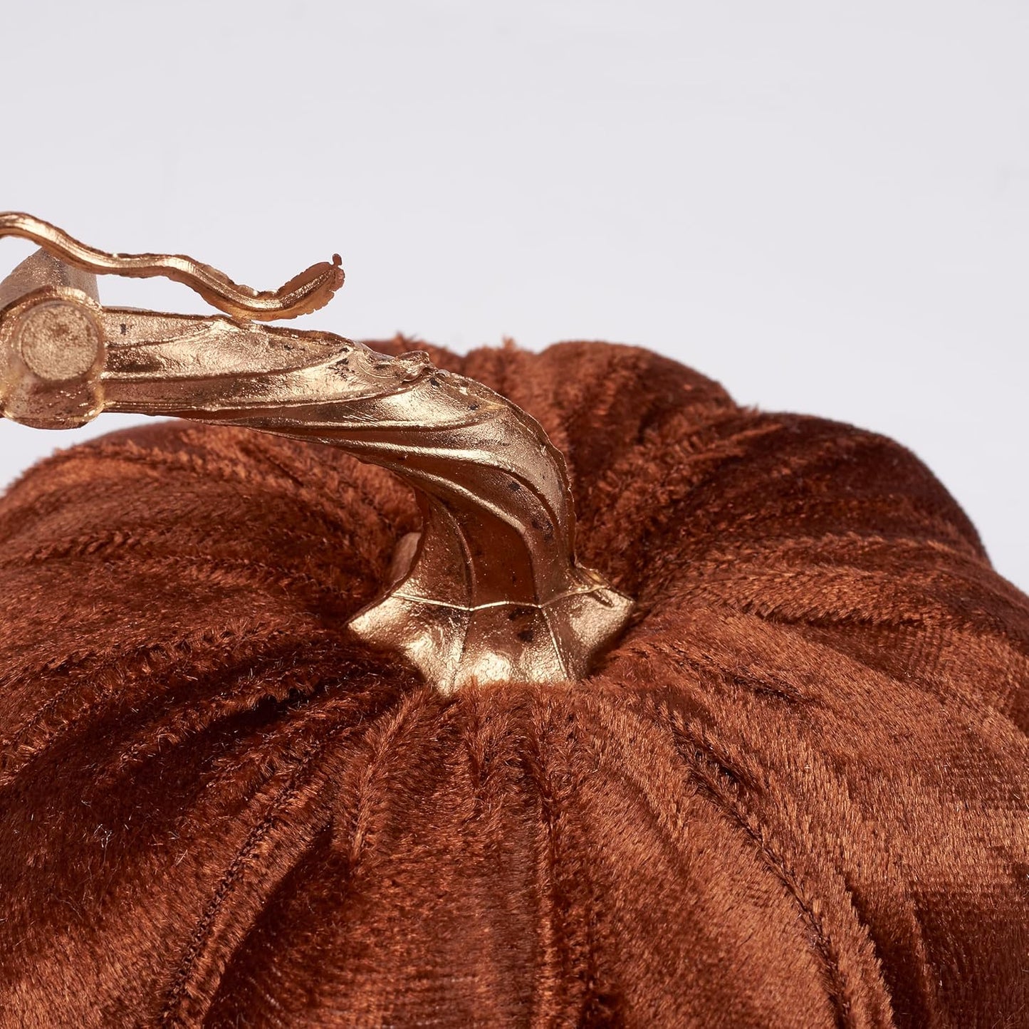 Brown Velvet Decorative Pumpkin | Dark Orange Fall Harvest Tabletop Décor with Gold Stem | 6”