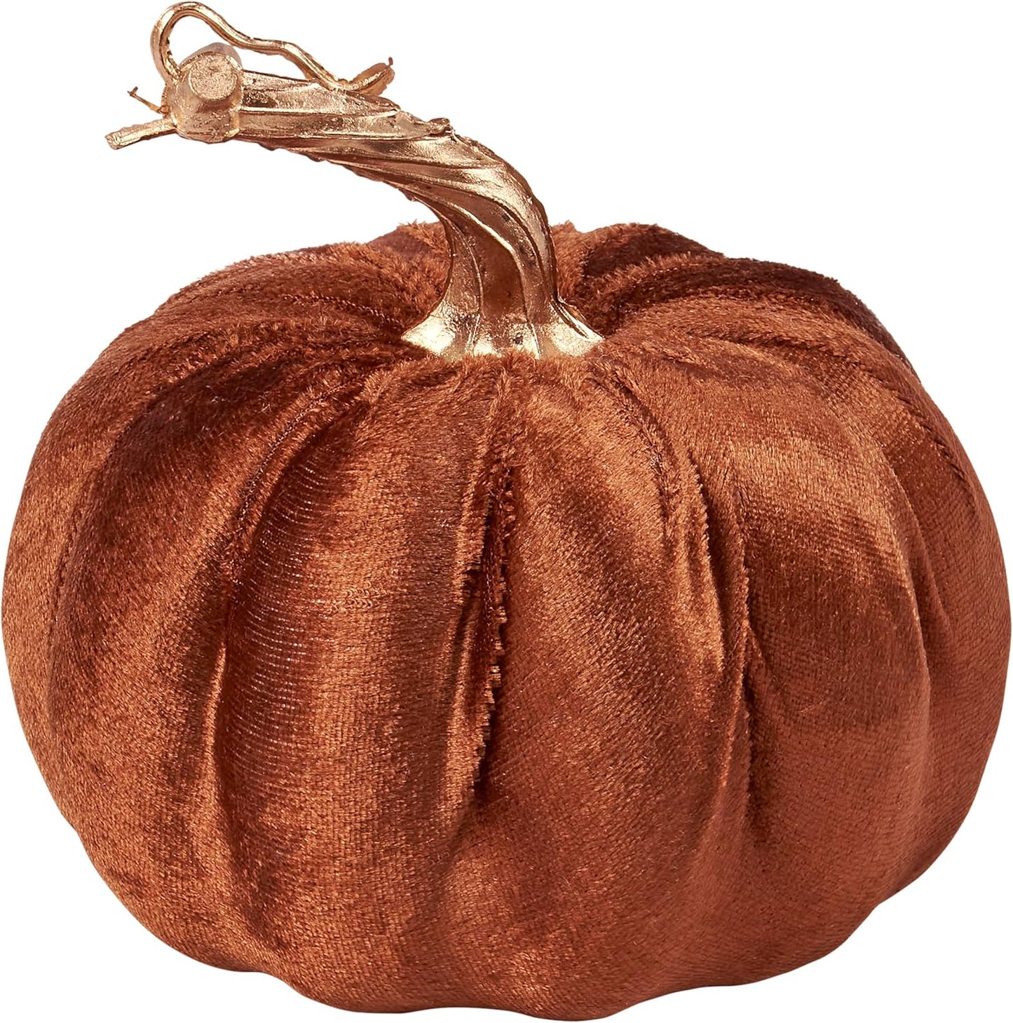 Brown Velvet Decorative Pumpkin | Dark Orange Fall Harvest Tabletop Décor with Gold Stem | 6”